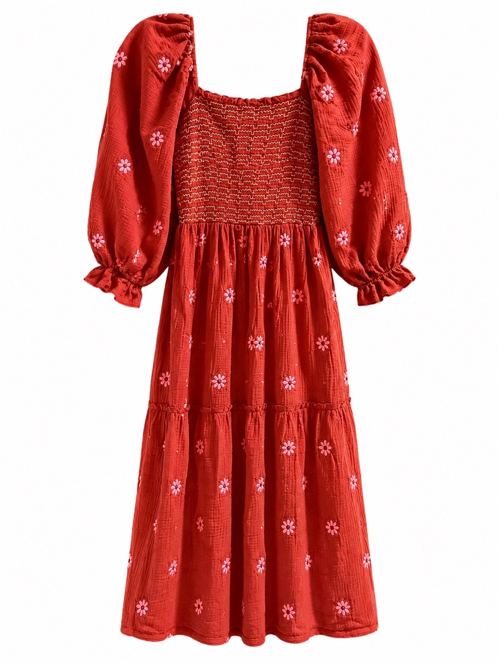 Yeenily Women’s Boho Floral Embroidered Maxi Dress Red Orange Lantern Sleeve